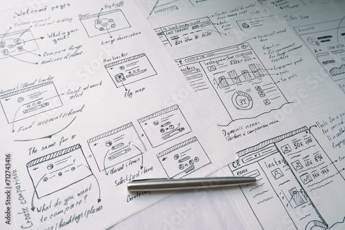 User experience design wireframes of IT product. Hand drawn draft projects layout. Sketch of ideas. Complex project, education