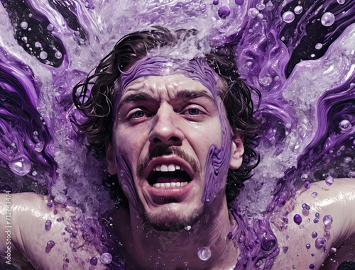 Psychedelic Bath Salts Frenzy - Close-up of a man's face in a delirious and aggressive state surrounded by grim purple and brooding swirling tones Gen AI photo