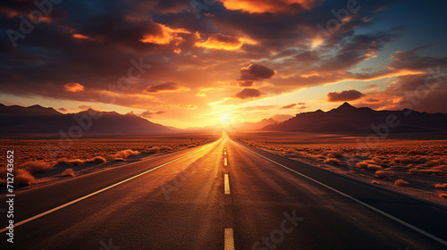 Straight road in desert at sunset , Generate AI photo