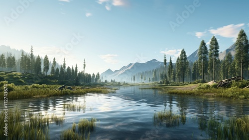 A serene reflection of a mountain range in a pristine alpine lake at sunrise  -Generative Ai © Online Jack Oliver
