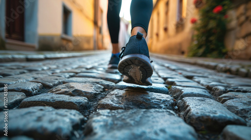 Athlete's shoes hitting a cobblestone path in a historic European city generative ai