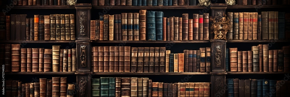 Ancient library interior with a vast collection of historical books and manuscripts lining the walls Ancient library interior with a vast collection of historical books and manuscripts lining the walls