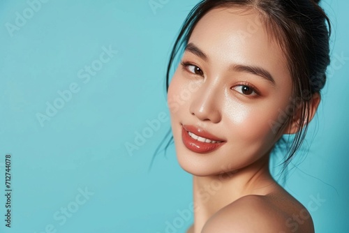 Beautiful young Asian woman with clean fresh healthy skin smiling, facial treatment, face care, beauty, and spa, isolated against a blue background.