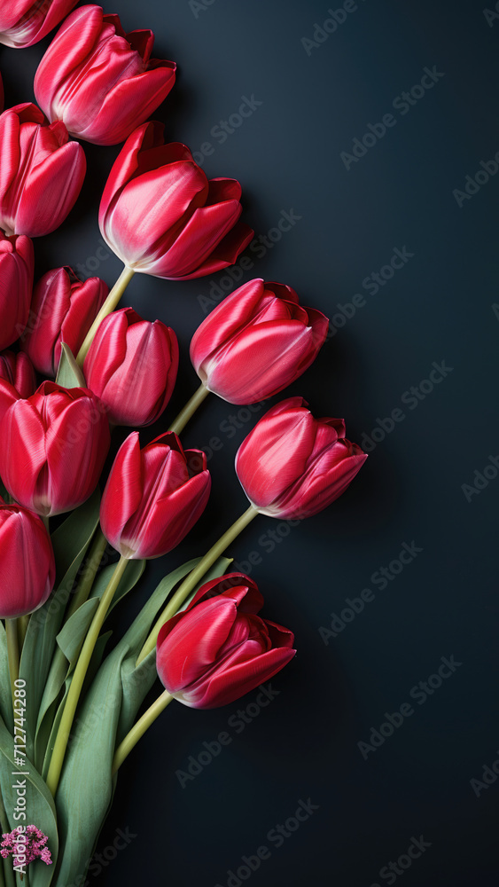 Bouquet of red tulips on dark green pine background. Vertical banner with copyspace. Concept of gift for woman lover, wife, sister, beloved, girlfriend, mother, daughter on March 8, Valentine's day Bouquet of red tulips on dark green pine background. Vertical banner with copyspace. Concept of gift for woman lover, wife, sister, beloved, girlfriend, mother, daughter on March 8, Valentine's day