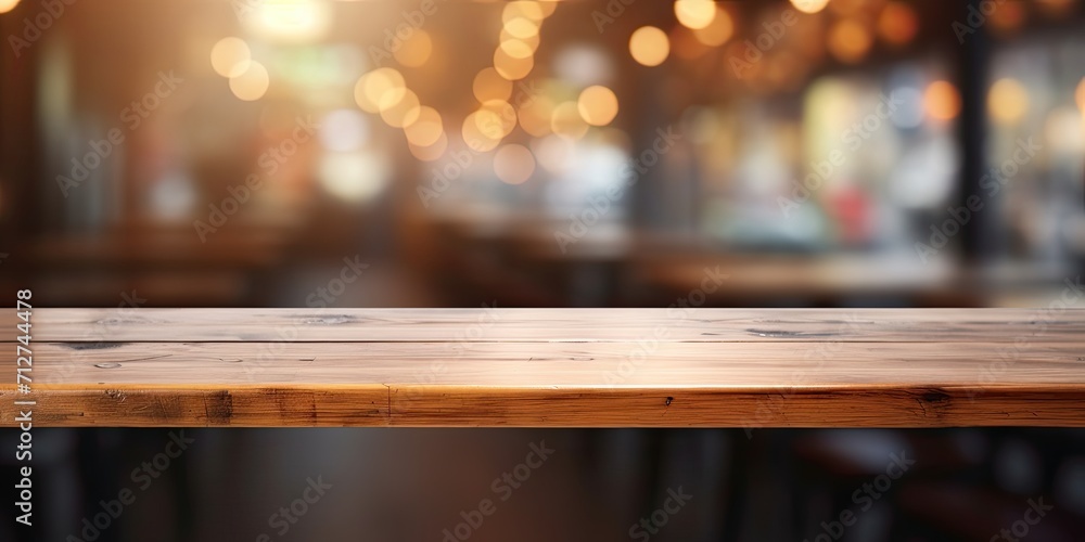 Blurred restaurant or coffee shop background with empty wooden table for product display.