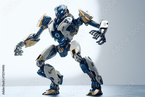 Dynamic robot striking pose on clean backdrop. Generative AI