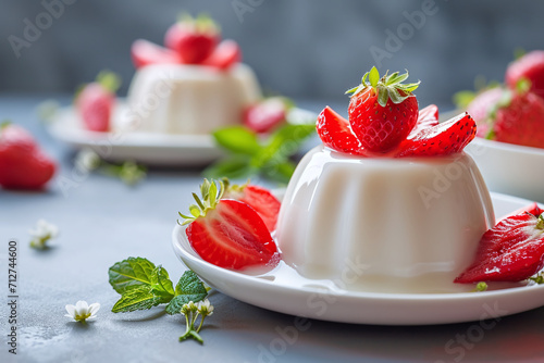 Yogurt pudding with strawberries, light dessert © Olga
