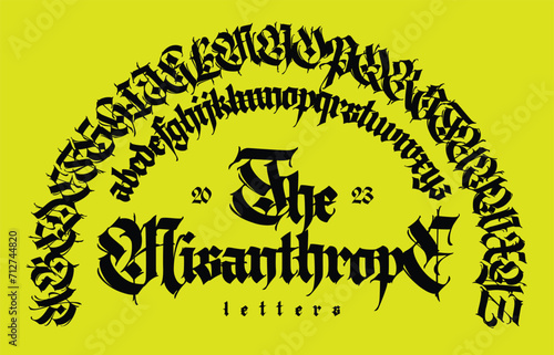 Gothic font from Latin letters. Vector. English alphabet. Medieval European style. English alphabet 9th-19th century. Symbols and signs for monogram and design. Modern calligraphy.