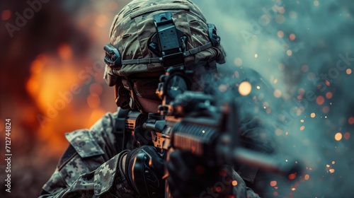 A focused soldier in camouflage aims a rifle amid flying sparks and a blurred fiery background, exemplifying precision and readiness.
