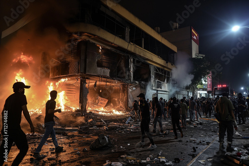 rioters in a street with fires burning on the ground