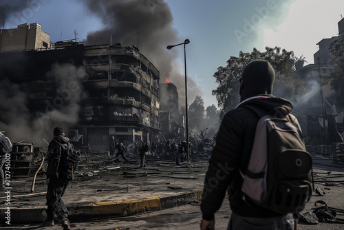 rioters in a street with fires burning on the ground photo