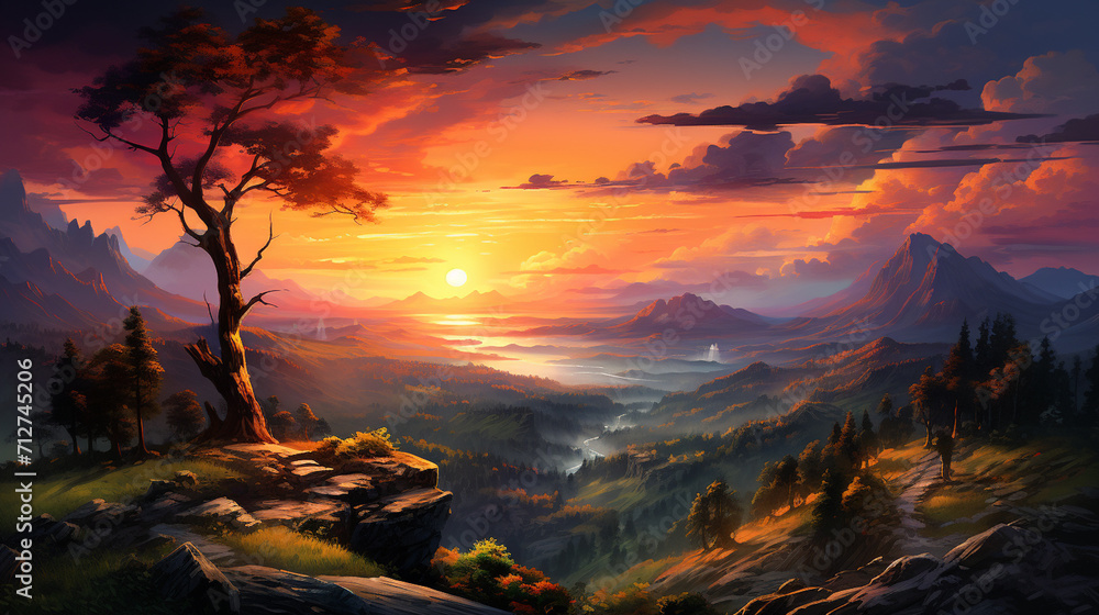 Sunset in the mountains. Dramatic colorful sky with blue hills , Generate AI