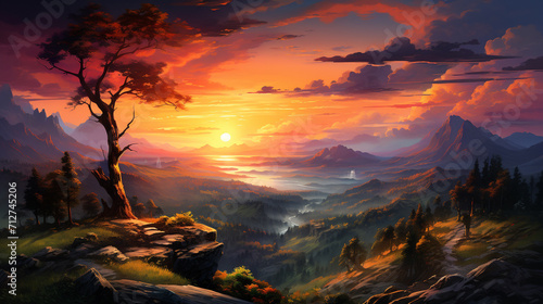 Sunset in the mountains. Dramatic colorful sky with blue hills , Generate AI