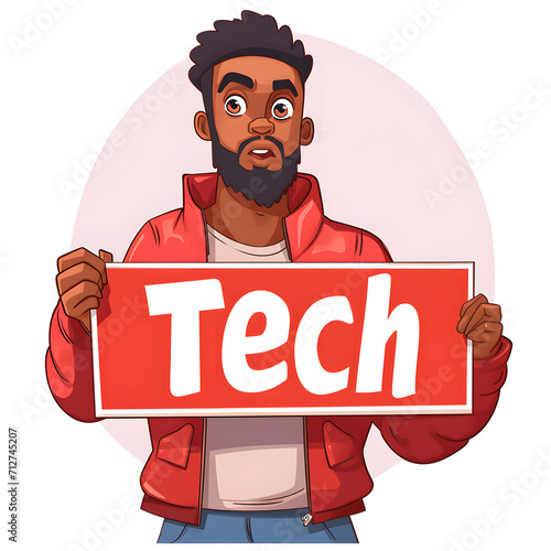 Young african american man holding a "tech sale" sign in an electronics shop isolated on white background, cartoon style, png 