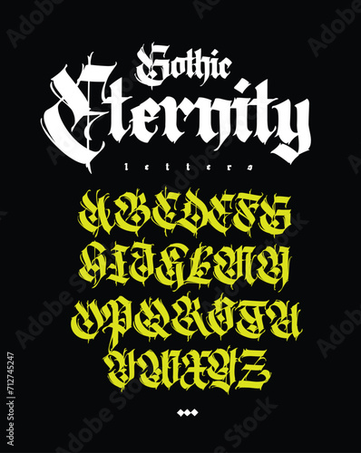 Gothic font from Latin letters. Vector. English alphabet. Medieval European style. English alphabet 9th-19th century. Symbols and signs for monogram and design. Modern calligraphy.