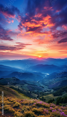 Sunset in the mountains. Dramatic colorful sky with blue hills , Generate AI © VinaAmeliaGRPHIC