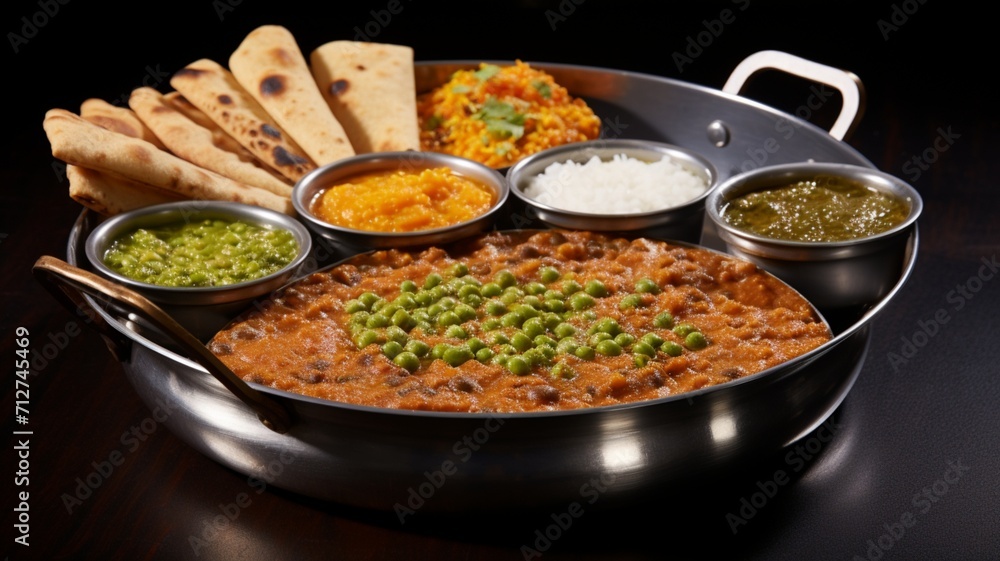 Fast Food A sizzling platter of pav bhaji, capturing the vibrant medley of mashed vegetables, fragrant spices, and soft buttered pav, with steam rising enticingly -Generative Ai Fast Food A sizzling platter of pav bhaji, capturing the vibrant medley of mashed vegetables, fragrant spices, and soft buttered pav, with steam rising enticingly -Generative Ai