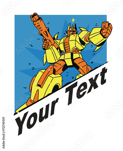 Illustration of a transforming robot with a weapon. Vector. The robot cyborg is a cartoon, not a children's character. Comic book hero. Picture for T-shirt design. Place for text.