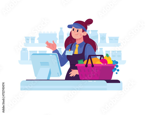 Illustration of a cashier saleswoman girl in a supermarket. Vector. A character in a store behind the cash register sells goods. Hero mascot for a catalog or corporate identity. Discounts on goods. Sh