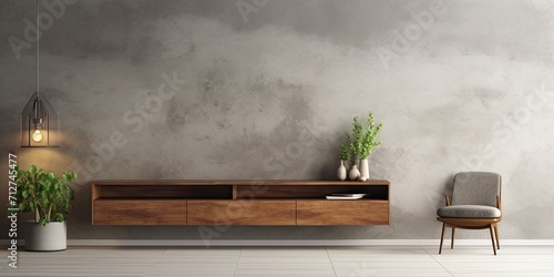 Mockup of a cabinet on a concrete wall in the living room's interior. © Sona