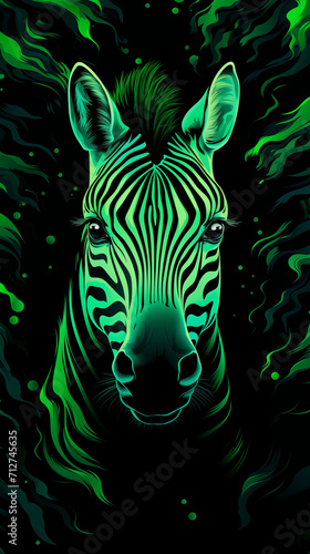 Neon Green Zebra Portrait on Black Background