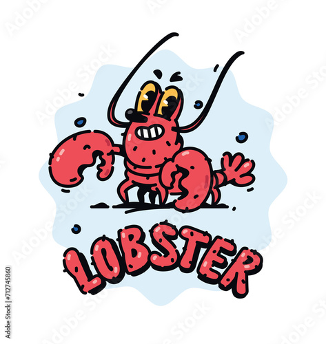 Illustration of a cute red lobster. Vector. Crustacean cartoon children's character. Hero mascot for comics or company. Picture for T-shirt design. Red shrimp with claws.