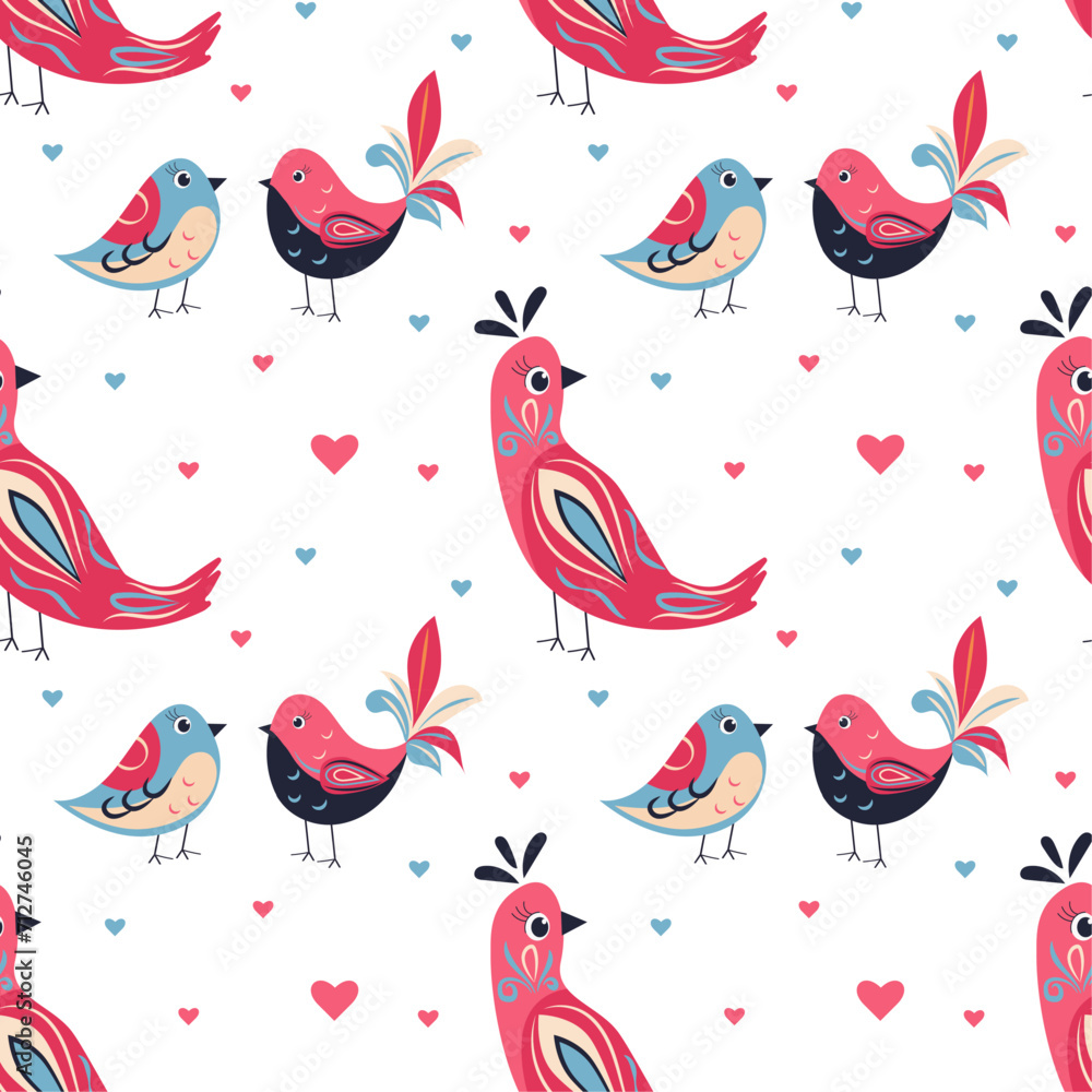 Obraz premium Pattern vector illustration spring birds, valentine's day, love, heart