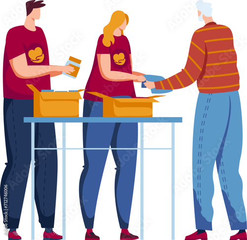 Volunteers giving food to elderly man, charity event, people helping seniors. Community service, social care, food donation vector illustration.