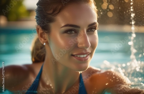 summertime leisure, vacation, sunbathing in pool at sunset. sexy caucasian woman in bikini, closeup.