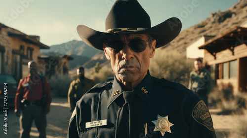 Portrait of sheriff in countryside, face of man wearing uniform on blurred background. Police officer in sunglasses like in action thriller movie. Concept of western, law, scene photo