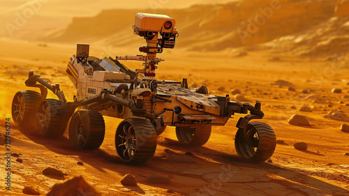Space rover on planet like Mars, futuristic unmanned vehicle moves on deserted sandy surface. Alien landscape with wheeled robot with camera. Concept of technology, science, exploration photo