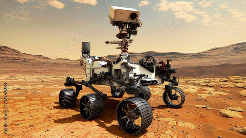 Space rover on red planet like Mars, futuristic vehicle on deserted sandy surface. Alien landscape with working wheeled robot. Concept of sci-fi, technology, science, exploration, © scaliger