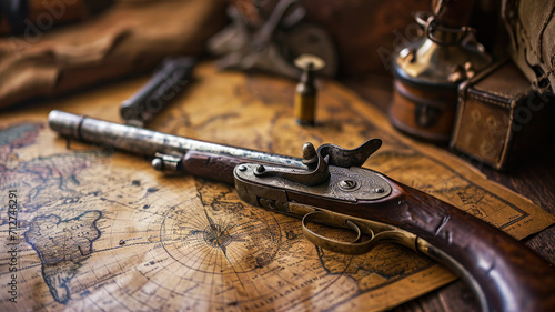 Old World map and vintage gun on wooden table, still life of antique pirate instruments. Background for journey theme. Concept of history, discovery, retro, treasure and wallpaper