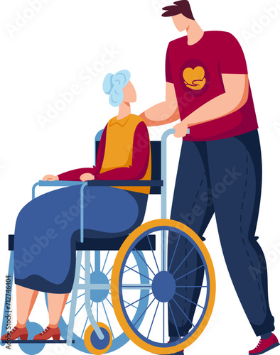 Young man assisting elderly woman in wheelchair, caring volunteer with senior citizen. Compassionate care and helping elderly vector illustration.