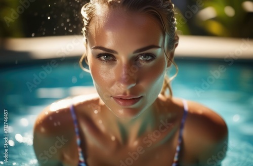closeup on face of young attractive girl in bikini posing in pool in summer. vacation, sunbathing.