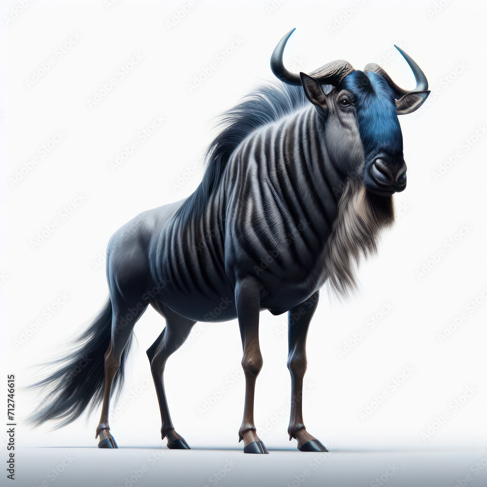 Fototapeta premium Blue wildebeest (Connochaetes taurinus), ñu común, ñu azul, ñu de cola negra, ñu listado o gorgón, isolated White background.