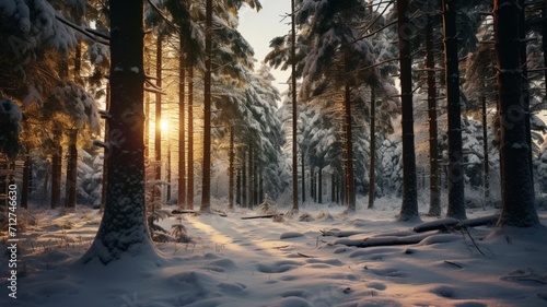 A snow-covered pine forest at dawn, with the first light breaking through the trees -Generative Ai