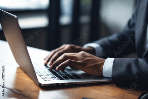 African american employee hands typing on laptop keyboard. Side view. Working on laptop in modern office © Оксана Олейник