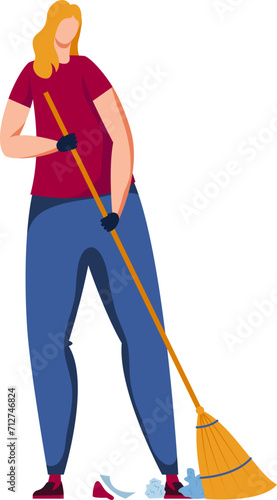Woman sweeping floor with broom, casual clothing, housekeeping chore. Cleanliness and domestic work vector illustration.