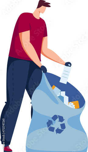 Man putting plastic bottle into large recycling bin. Male engaged in waste sorting and recycling activity. Environment conservation and trash sorting vector illustration.