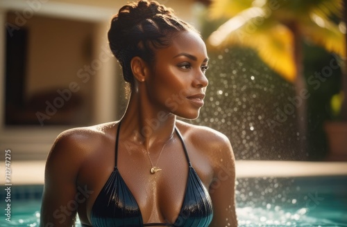 summertime leisure, vacation, sunbathing in pool. portrait of sexy black girl in bikini, closeup. © Artem Zatsepilin