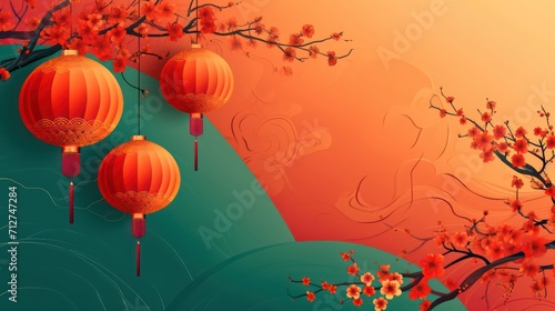 Happy Chinese new year background . Year of the dragon design wallpaper with Chinese pattern, gold hanging lantern. Modern luxury oriental illustration for cover, banner, website, decor.