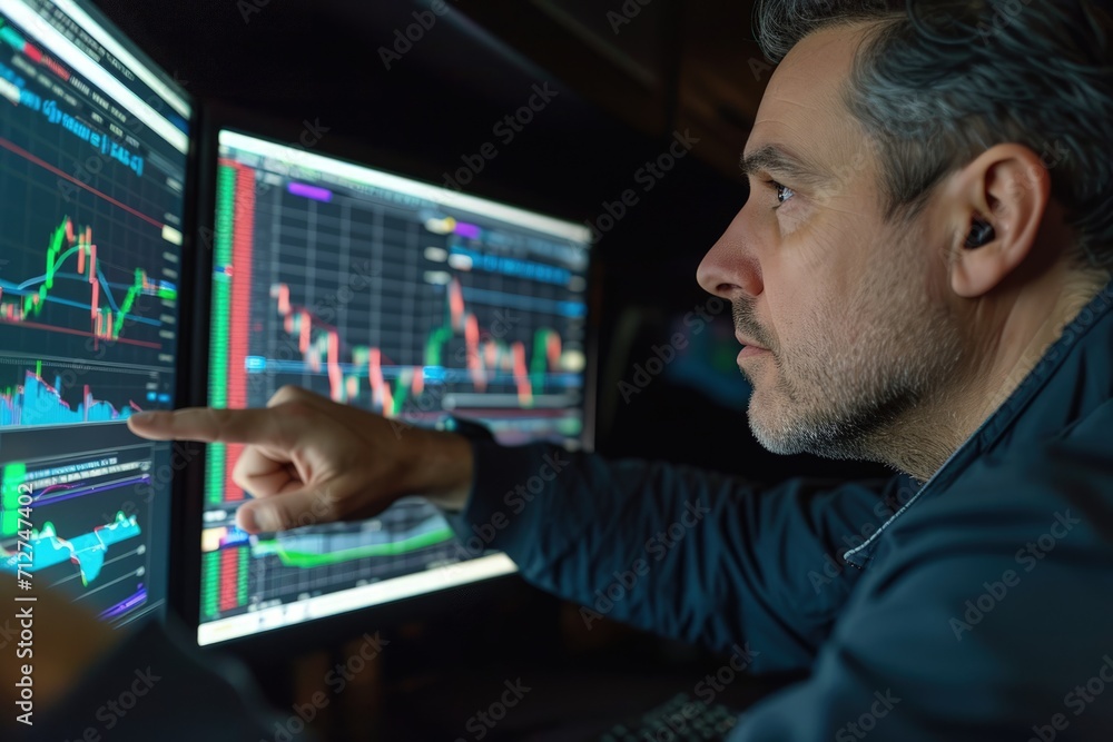 Man Pointing at Computer Screen With Chart Man Pointing at Computer Screen With Chart
