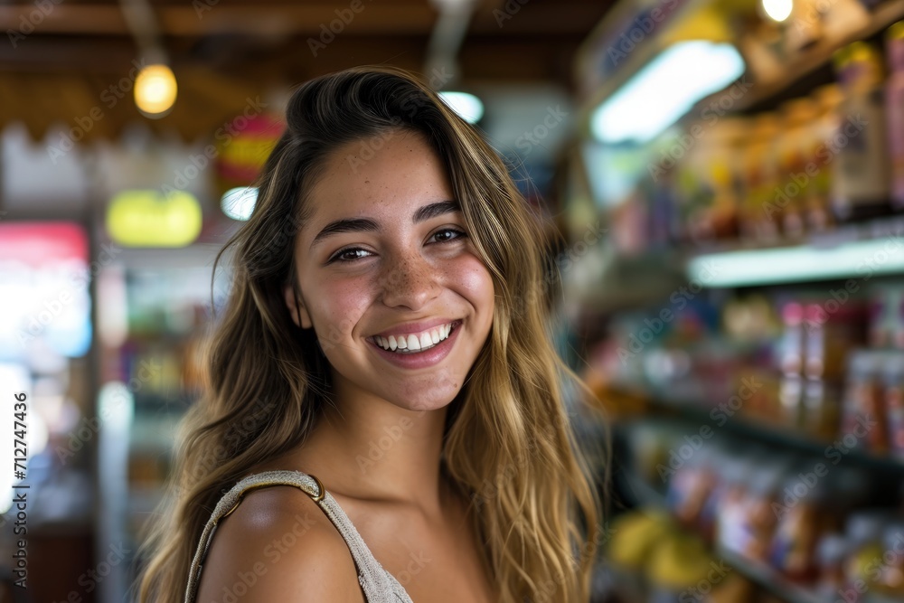 Woman Standing in Front of Food-Filled Store Woman Standing in Front of Food-Filled Store