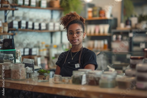 Woman Standing Behind Store Counter