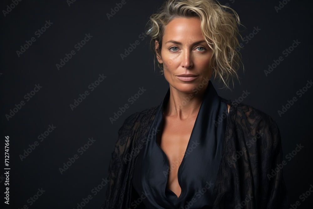 Beautiful blonde woman in a black silk robe on a dark background Beautiful blonde woman in a black silk robe on a dark background