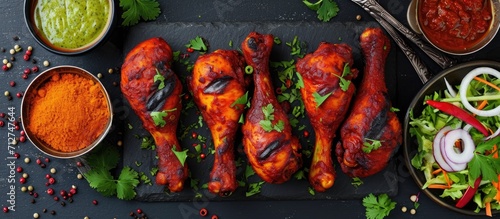 Tandoori chicken legs with chutneys, salad and spices served on spoons.