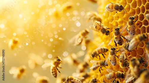 Cute swarm of bees working at bee gold honeycomb background