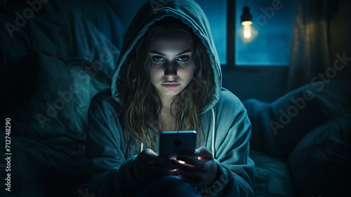 teenage girl hurt her eyes because she played the smart phone in the dark light and the blue light has a negative effect on the child's eyes. generate AI