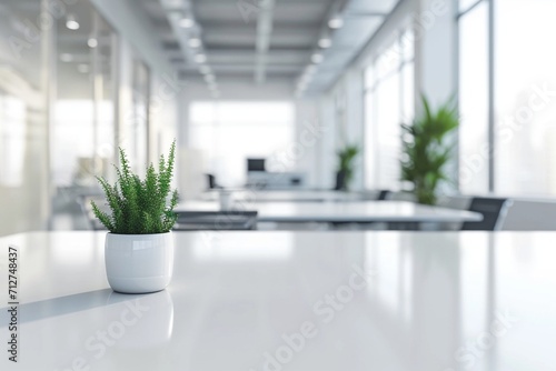 Close up of white table with items in modern conference room. Blurry interior background. Workplace concept. 3D Rendering.